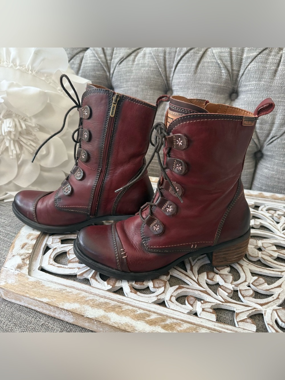 PIKOLINOS Burgundy Lace-Up Leather Side Zip Ankle Boots Women’s 39 8.5